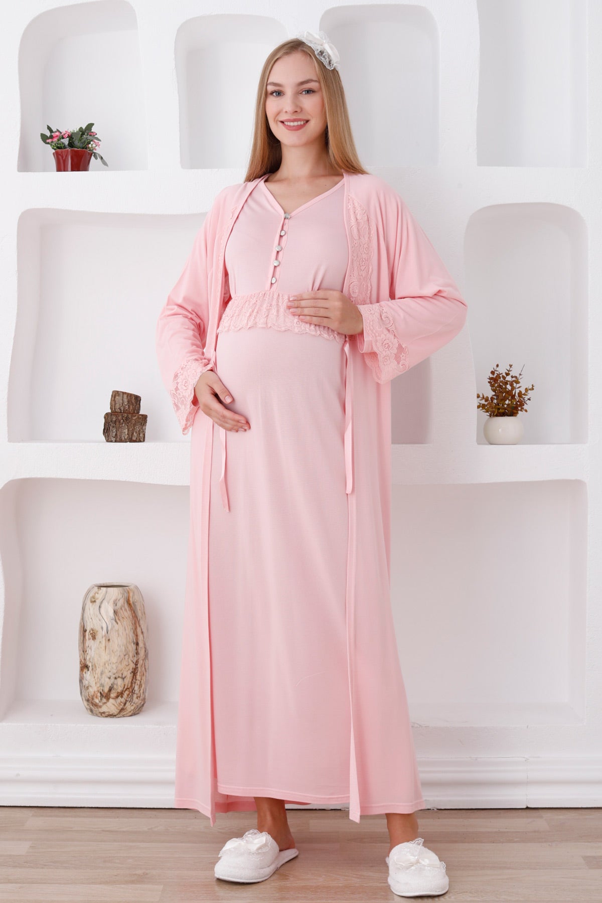 Lace Sleeve Maternity & Nursing Nightgown With Robe Salmon - 2285