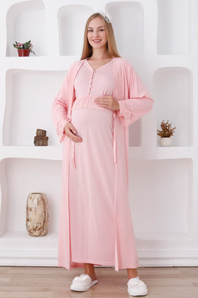 Lace Sleeve Maternity & Nursing Nightgown With Robe Salmon - 2285