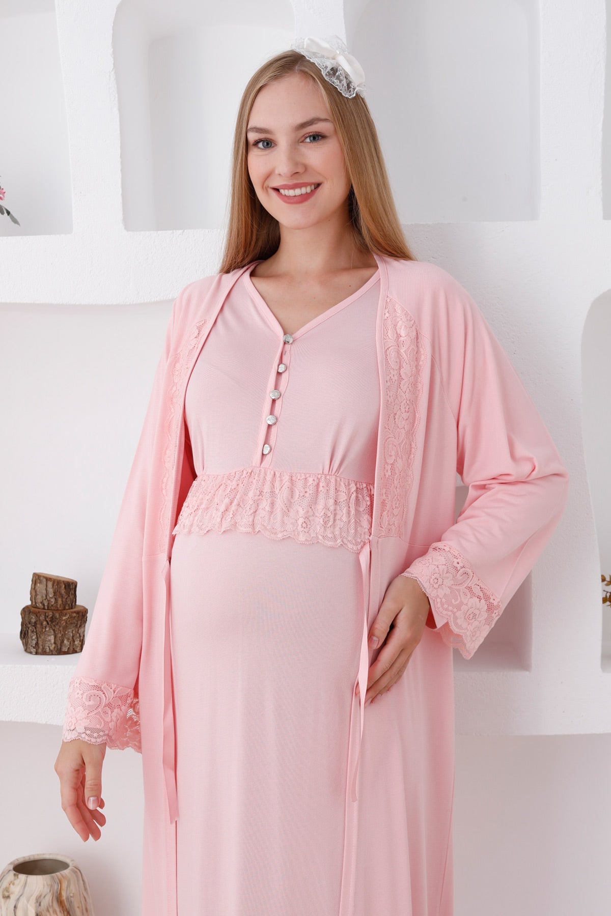 Lace Sleeve Maternity & Nursing Nightgown With Robe Salmon - 2285