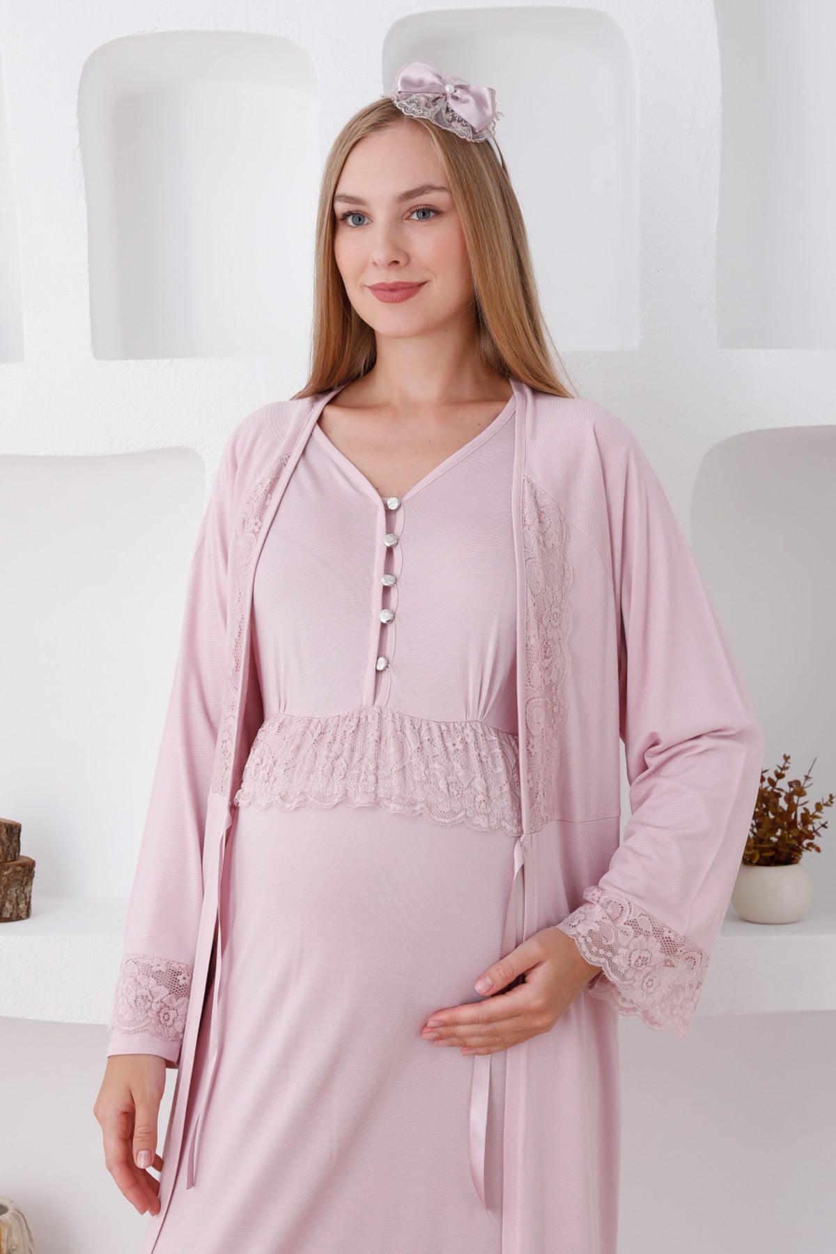 Lace Sleeve Maternity & Nursing Nightgown With Robe Powder - 2285