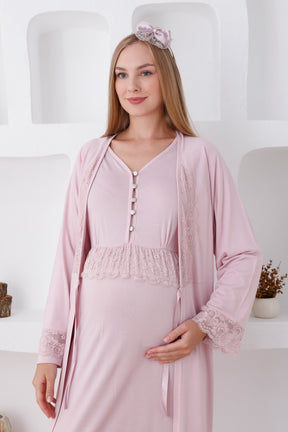 Lace Sleeve Maternity & Nursing Nightgown With Robe Powder - 2285