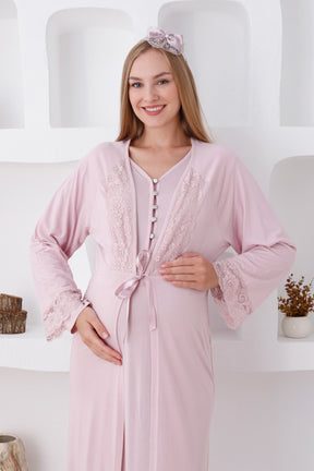 Lace Sleeve Maternity & Nursing Nightgown With Robe Powder - 2285