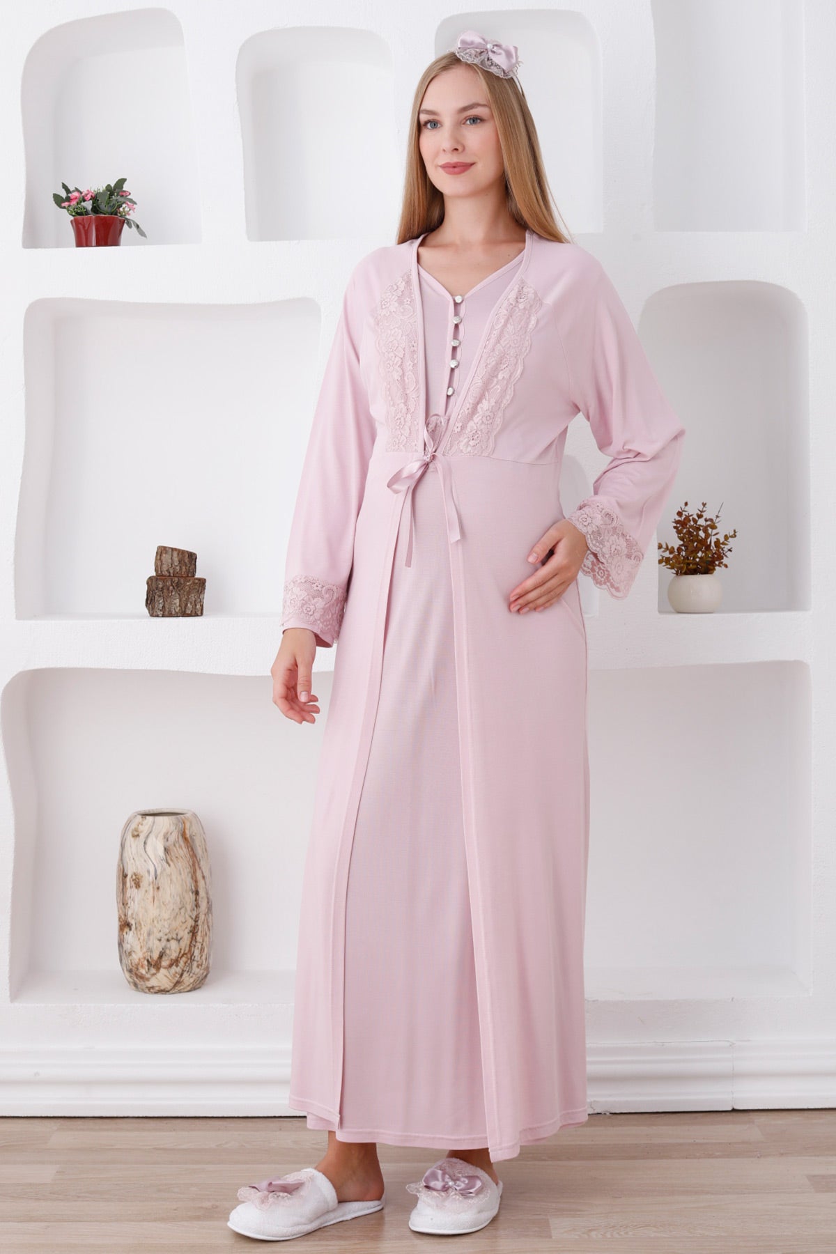 Lace Sleeve Maternity & Nursing Nightgown With Robe Powder - 2285