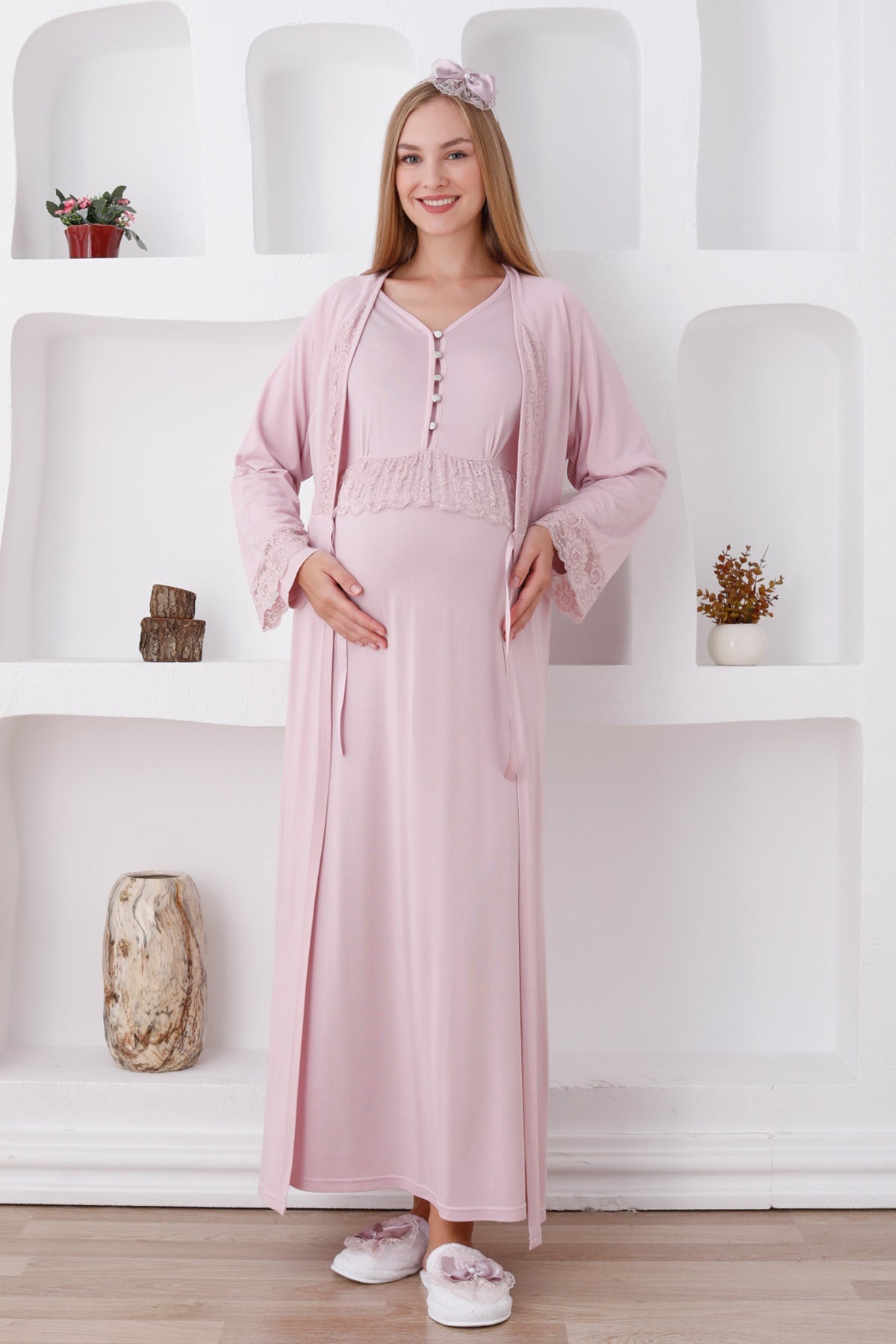 Lace Sleeve Maternity & Nursing Nightgown With Robe Powder - 2285