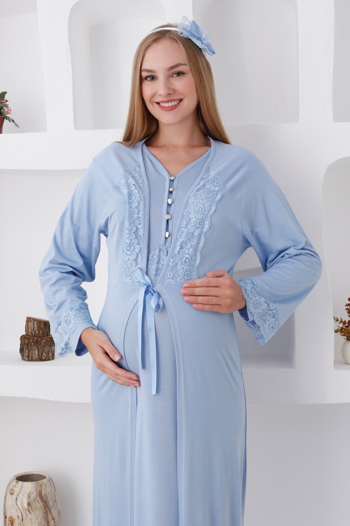 Lace Sleeve Maternity & Nursing Nightgown With Robe Blue - 2285