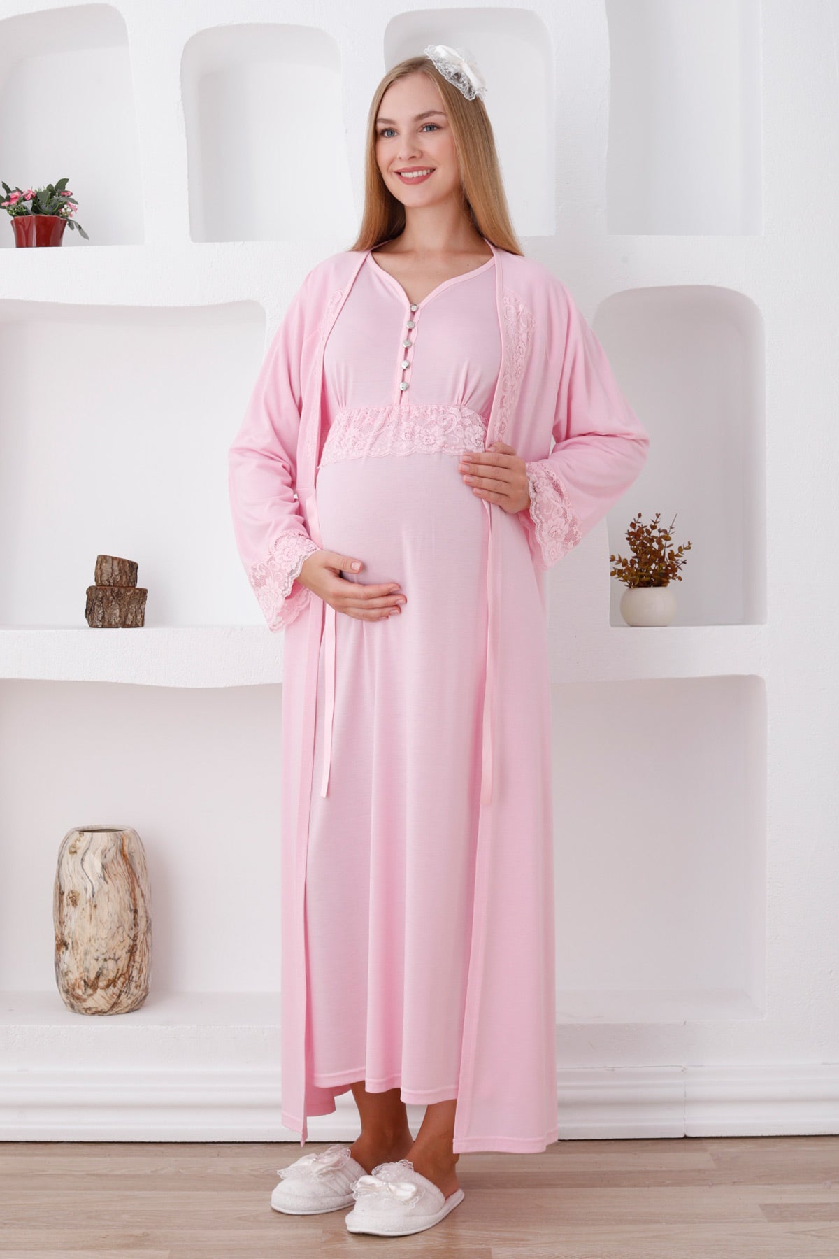 Lace Sleeve Maternity & Nursing Nightgown With Robe Pink - 2285