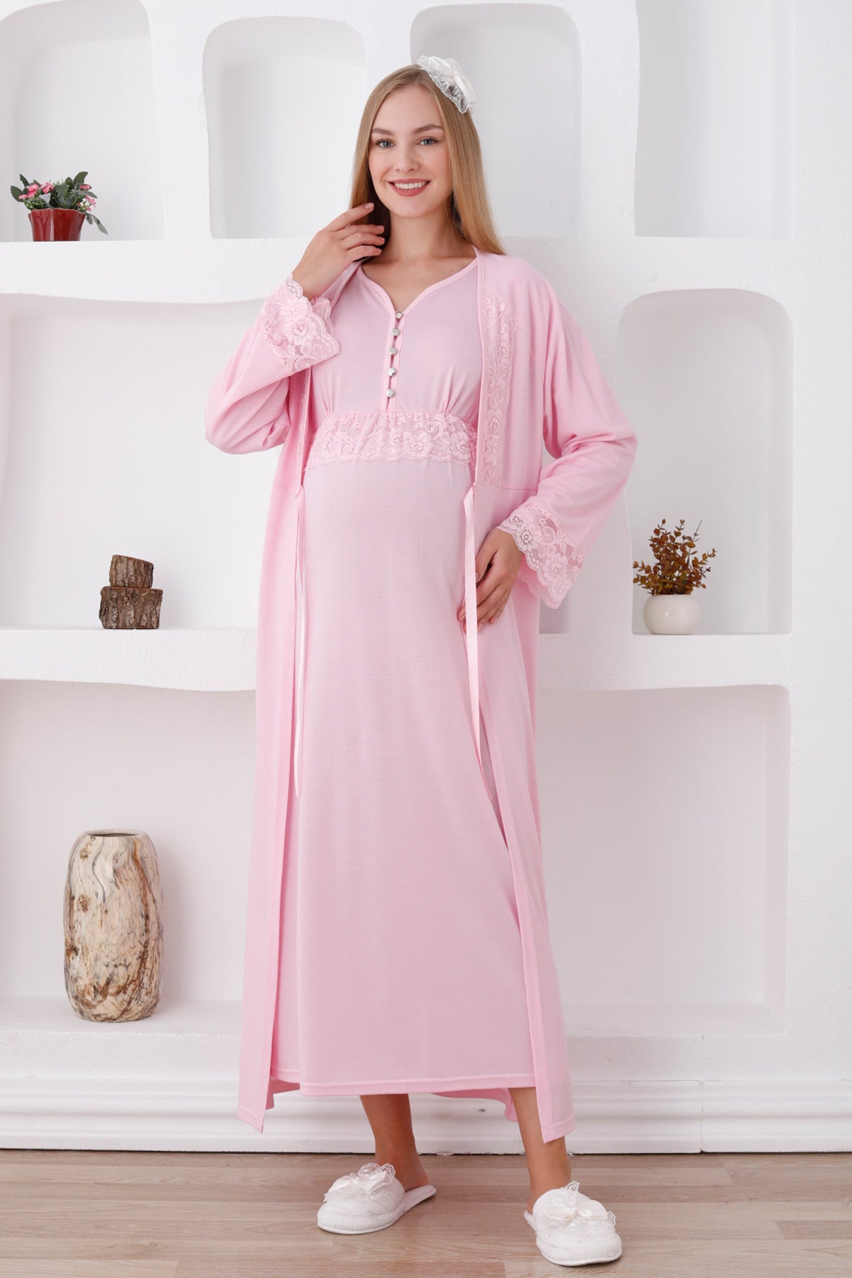 Lace Sleeve Maternity & Nursing Nightgown With Robe Pink - 2285