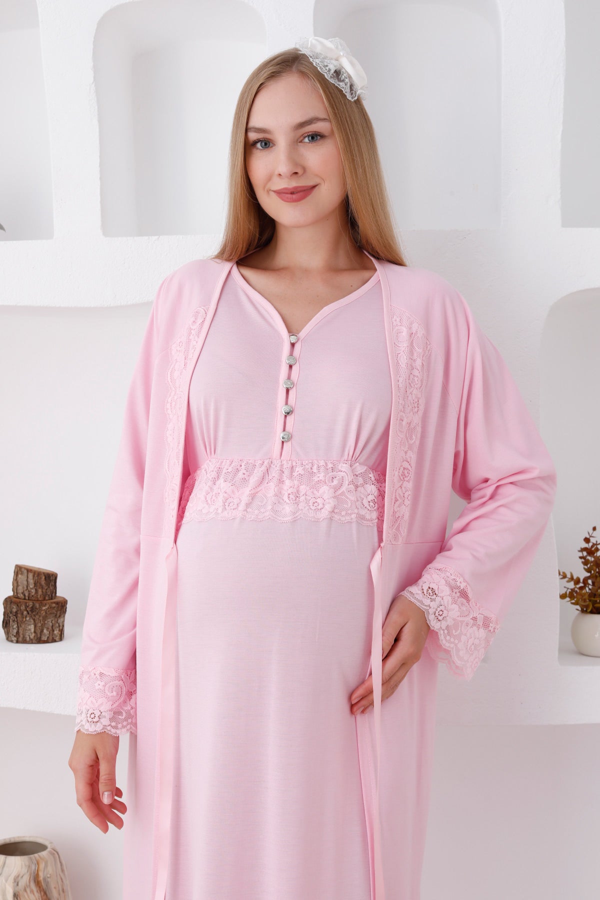 Lace Sleeve Maternity & Nursing Nightgown With Robe Pink - 2285