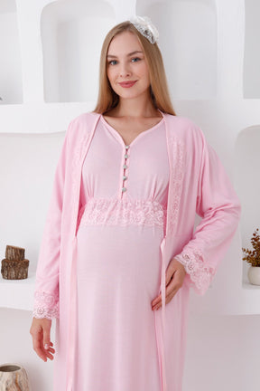 Lace Sleeve Maternity & Nursing Nightgown With Robe Pink - 2285