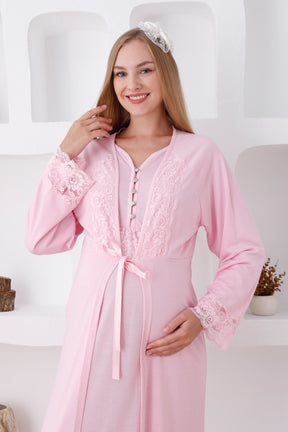 Lace Sleeve Maternity & Nursing Nightgown With Robe Pink - 2285