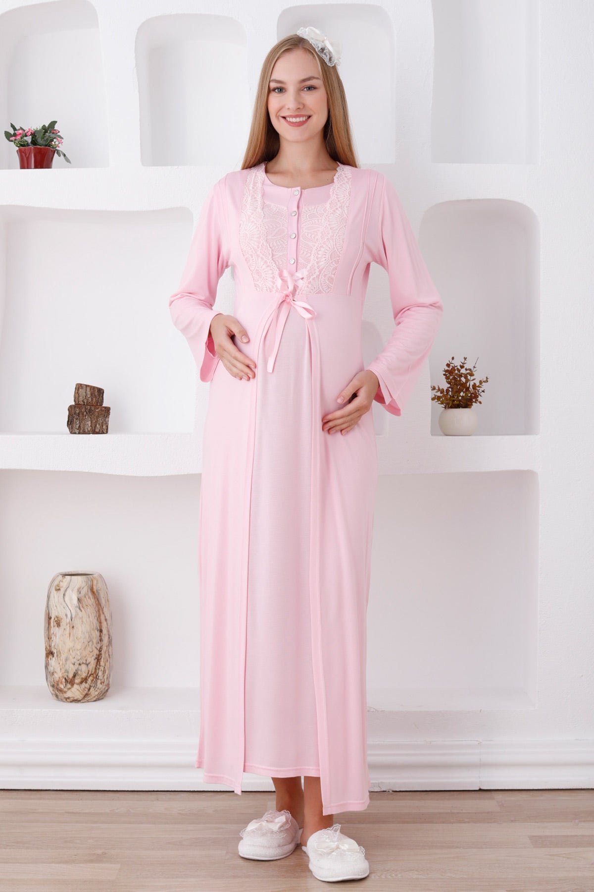 Elegant Lace Detail Maternity-Nursing Nightgown & Robe Set Pink - 2286