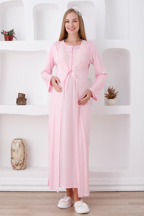 Elegant Lace Detail Maternity-Nursing Nightgown & Robe Set Pink - 2286