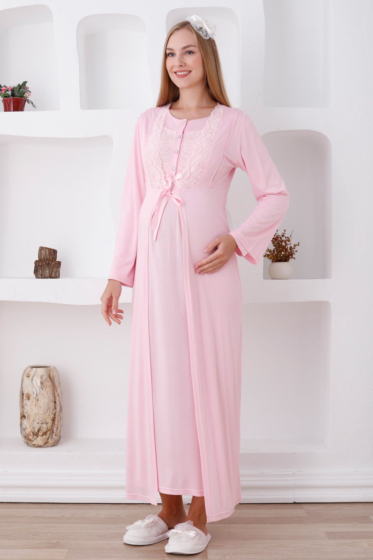 Elegant Lace Detail Maternity-Nursing Nightgown & Robe Set Pink - 2286