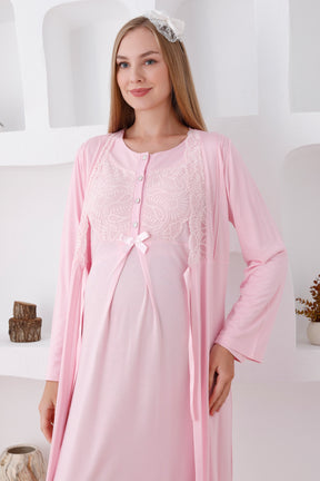 Elegant Lace Detail Maternity-Nursing Nightgown & Robe Set Pink - 2286