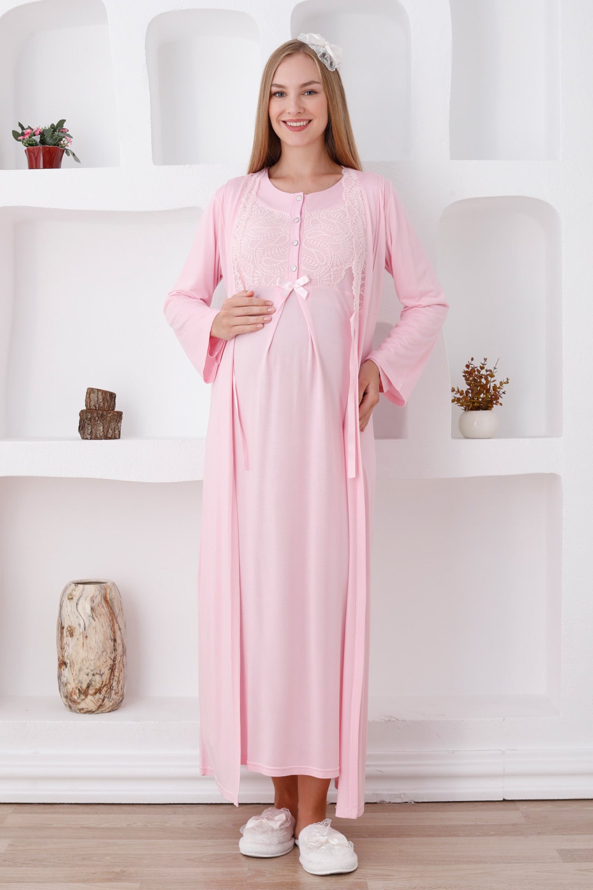 Elegant Lace Detail Maternity-Nursing Nightgown & Robe Set Pink - 2286