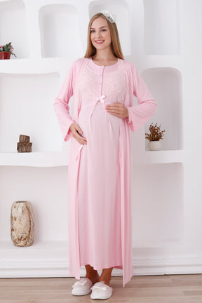 Elegant Lace Detail Maternity-Nursing Nightgown & Robe Set Pink - 2286