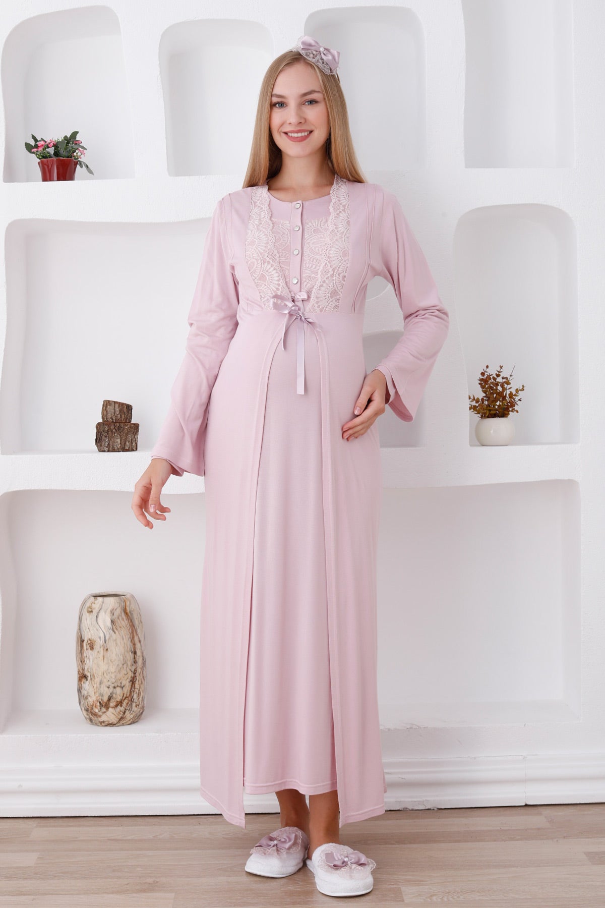 Elegant Lace Detail Maternity-Nursing Nightgown & Robe Set Powder - 2286