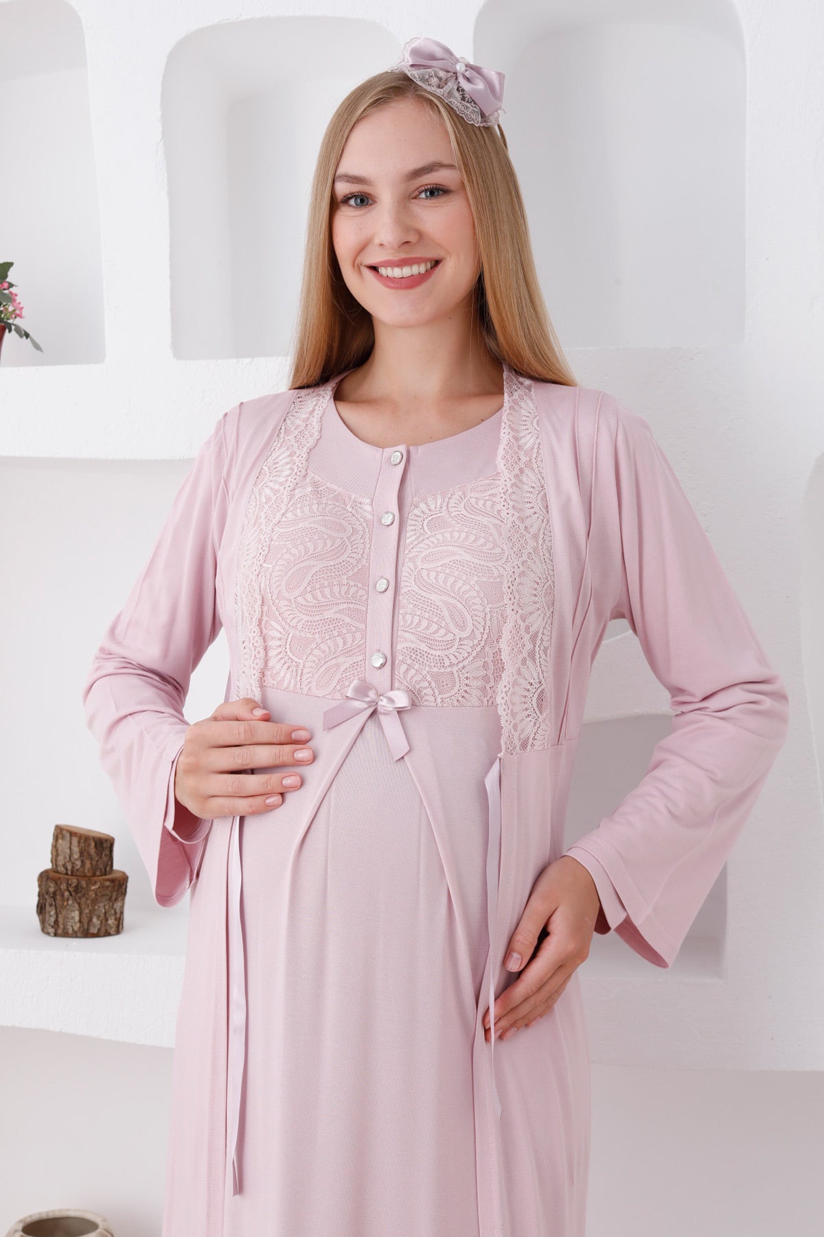 Elegant Lace Detail Maternity-Nursing Nightgown & Robe Set Powder - 2286