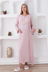 Elegant Lace Detail Maternity-Nursing Nightgown & Robe Set Powder - 2286