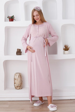 Elegant Lace Detail Maternity-Nursing Nightgown & Robe Set Powder - 2286