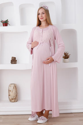 Elegant Lace Detail Maternity-Nursing Nightgown & Robe Set Powder - 2286