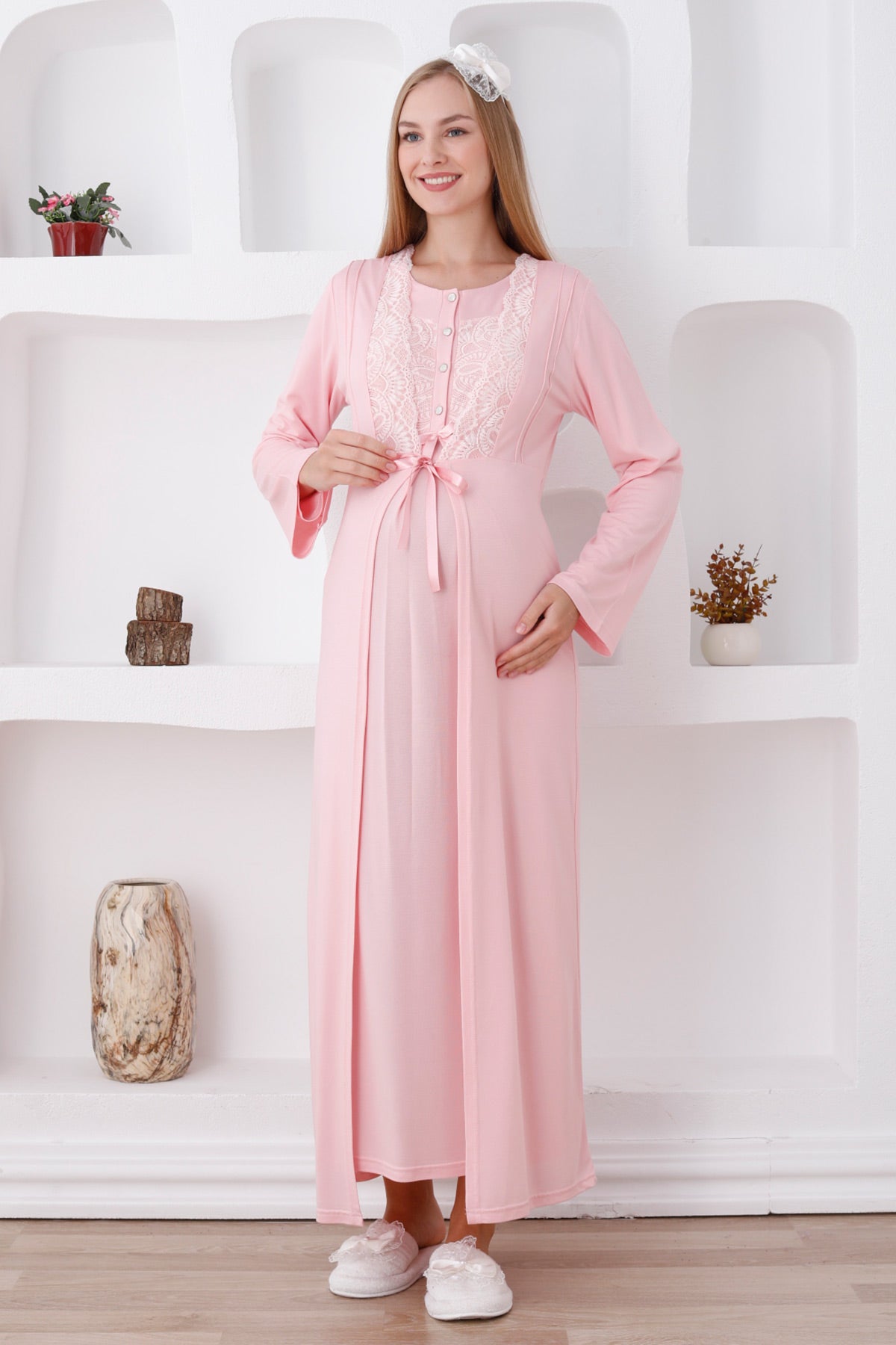 Elegant Lace Detail Maternity-Nursing Nightgown & Robe Set Salmon - 2286