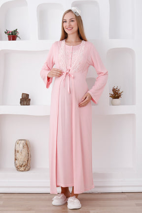 Elegant Lace Detail Maternity-Nursing Nightgown & Robe Set Salmon - 2286