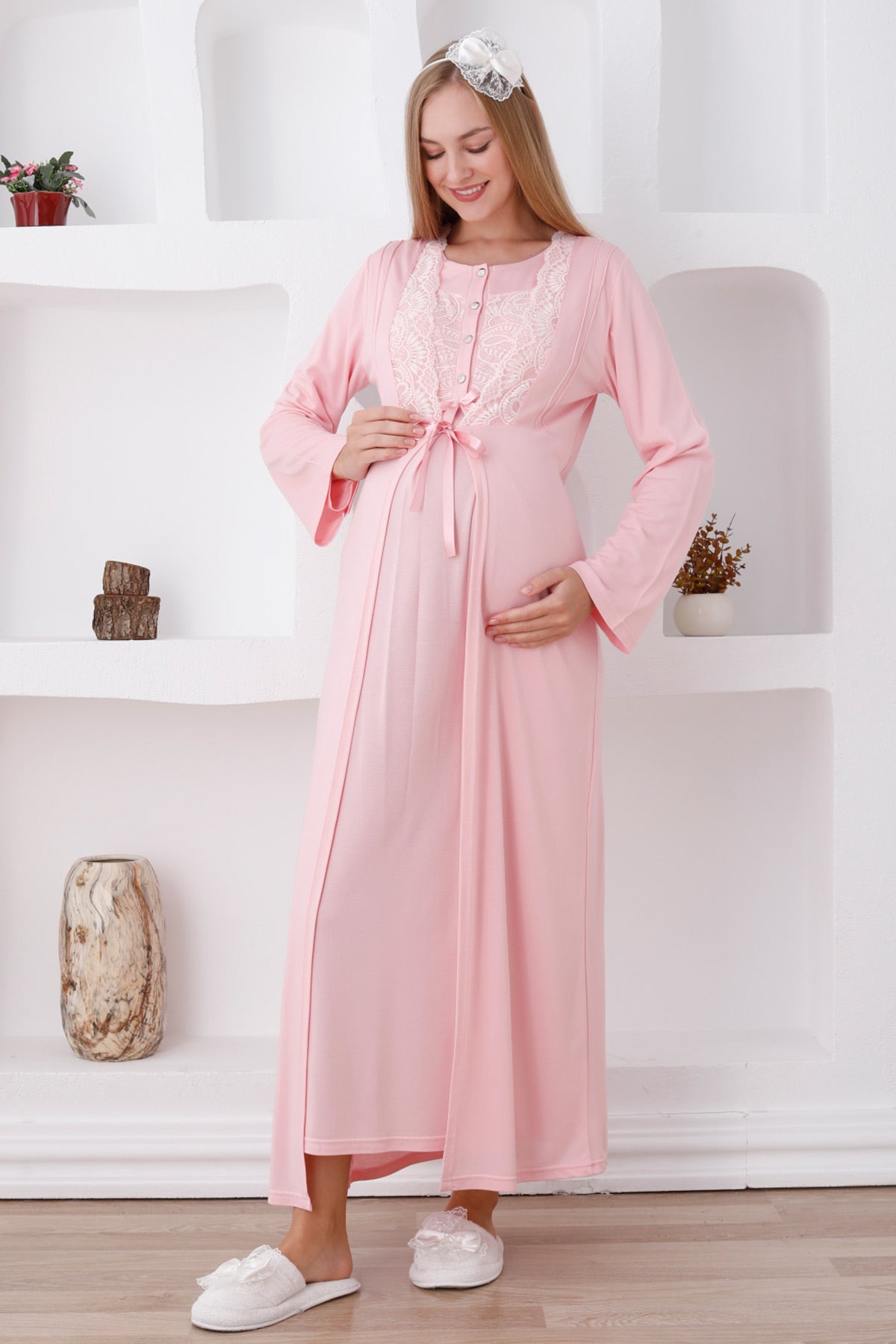 Elegant Lace Detail Maternity-Nursing Nightgown & Robe Set Salmon - 2286