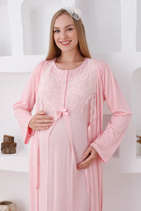 Elegant Lace Detail Maternity-Nursing Nightgown & Robe Set Salmon - 2286