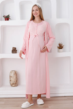 Elegant Lace Detail Maternity-Nursing Nightgown & Robe Set Salmon - 2286