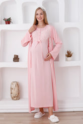 Elegant Lace Detail Maternity-Nursing Nightgown & Robe Set Salmon - 2286