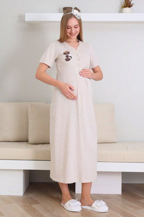 Lace Collar Maternity-Nursing Nightgown & Patterned Robe Set Mink - 2289