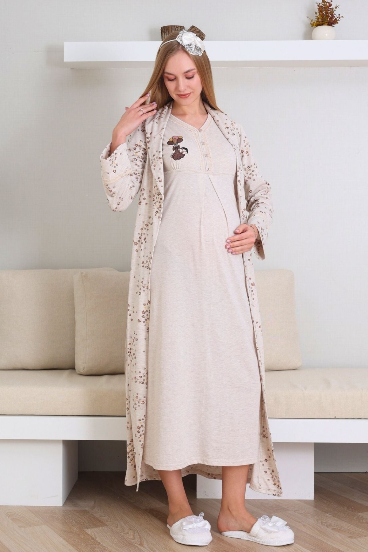 Lace Collar Maternity-Nursing Nightgown & Patterned Robe Set Mink - 2289