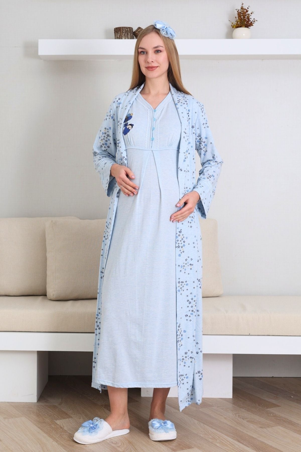 Lace Collar Maternity-Nursing Nightgown & Patterned Robe Set Blue - 2289