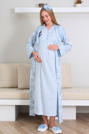 Lace Collar Maternity-Nursing Nightgown & Patterned Robe Set Blue - 2289