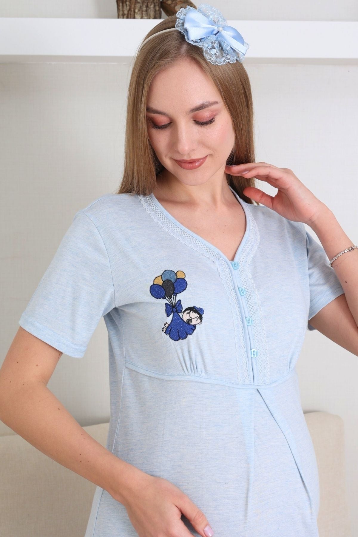 Lace Collar Maternity-Nursing Nightgown & Patterned Robe Set Blue - 2289