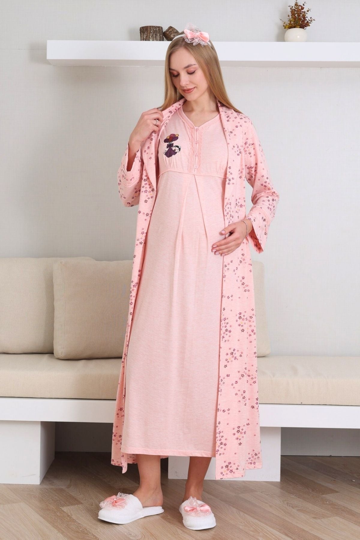 Lace Collar Maternity-Nursing Nightgown & Patterned Robe Set Salmon - 2289