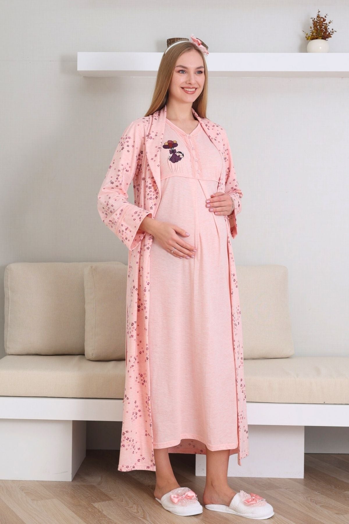 Lace Collar Maternity-Nursing Nightgown & Patterned Robe Set Salmon - 2289