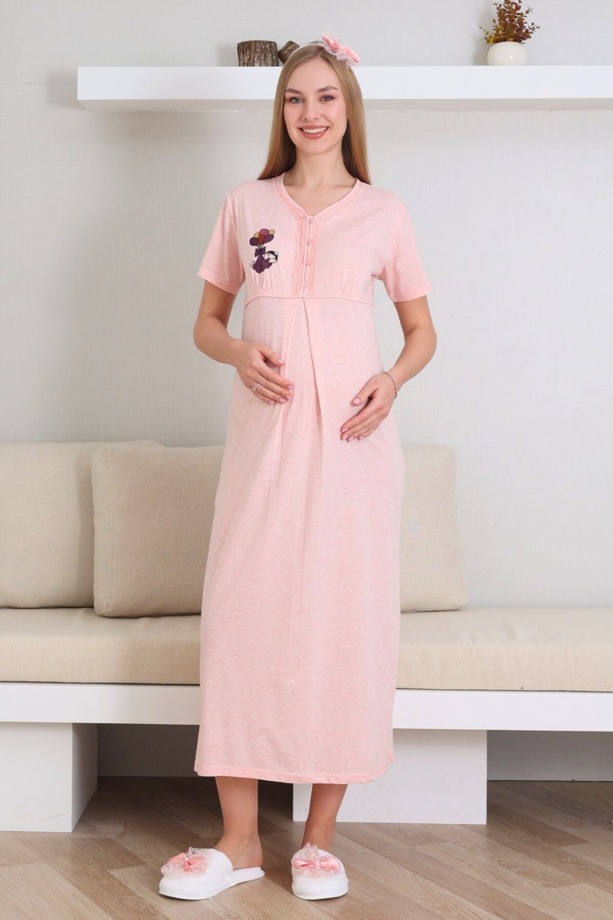 Lace Collar Maternity-Nursing Nightgown & Patterned Robe Set Salmon - 2289