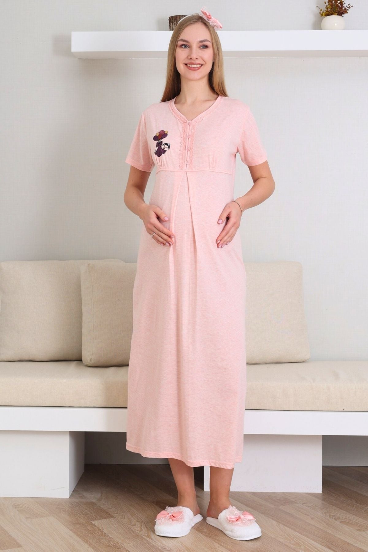 Lace Collar Maternity-Nursing Nightgown & Patterned Robe Set Salmon - 2289