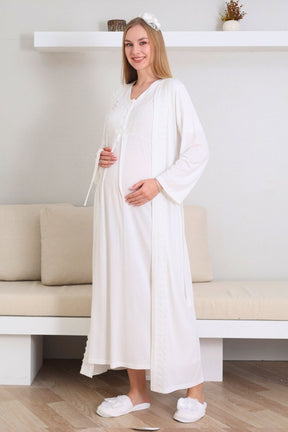 Lace V-Collar Maternity-Nursing Nightgown & Robe Set Ecru - 2290