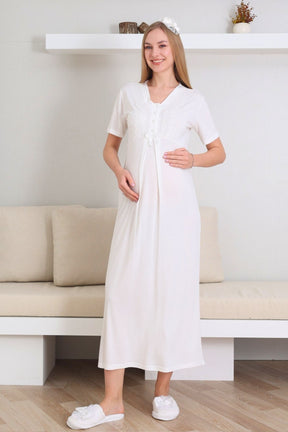 Lace V-Collar Maternity-Nursing Nightgown & Robe Set Ecru - 2290