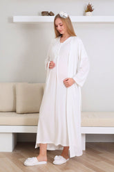 Lace V-Collar Maternity-Nursing Nightgown & Robe Set Ecru - 2290