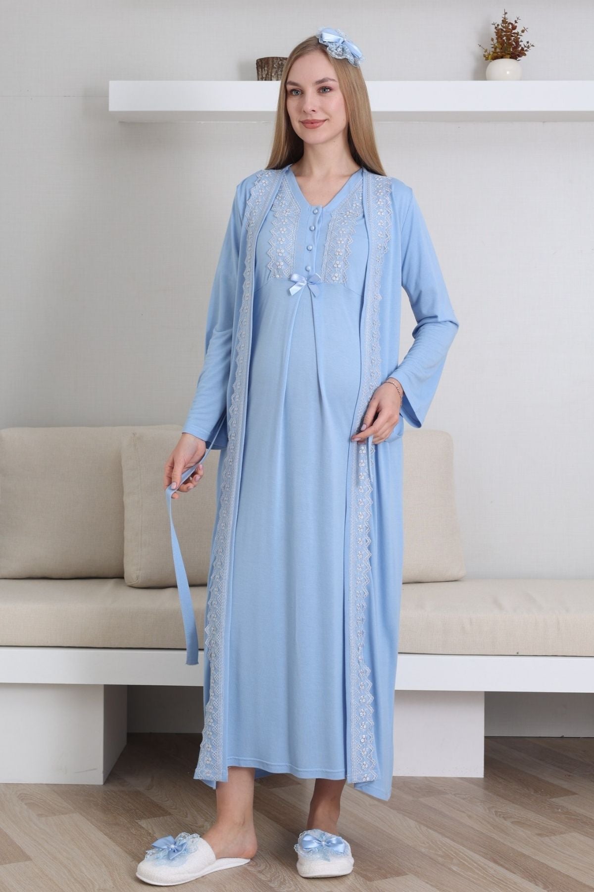 Lace V-Collar Maternity-Nursing Nightgown & Robe Set Blue - 2290