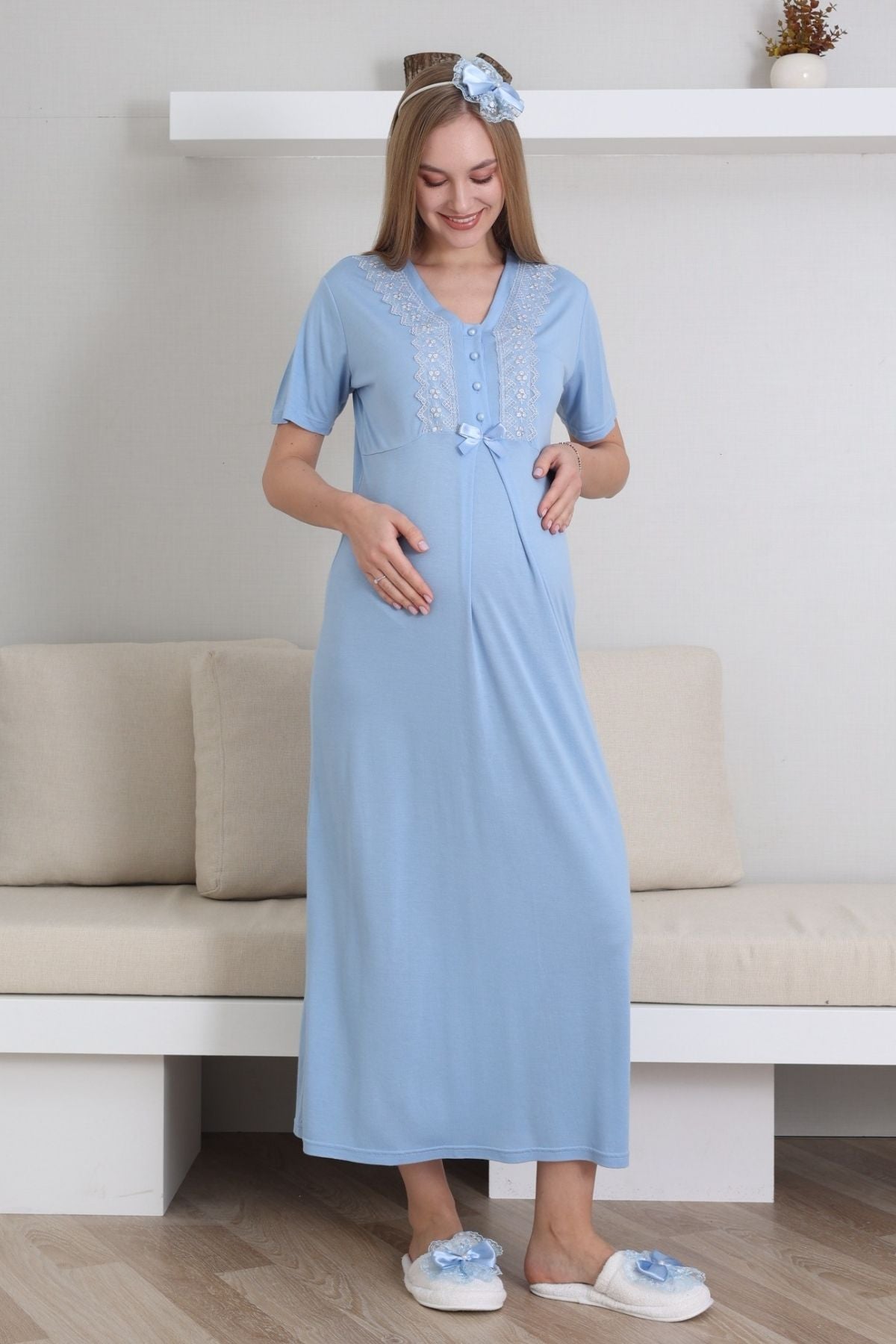 Lace V-Collar Maternity-Nursing Nightgown & Robe Set Blue - 2290