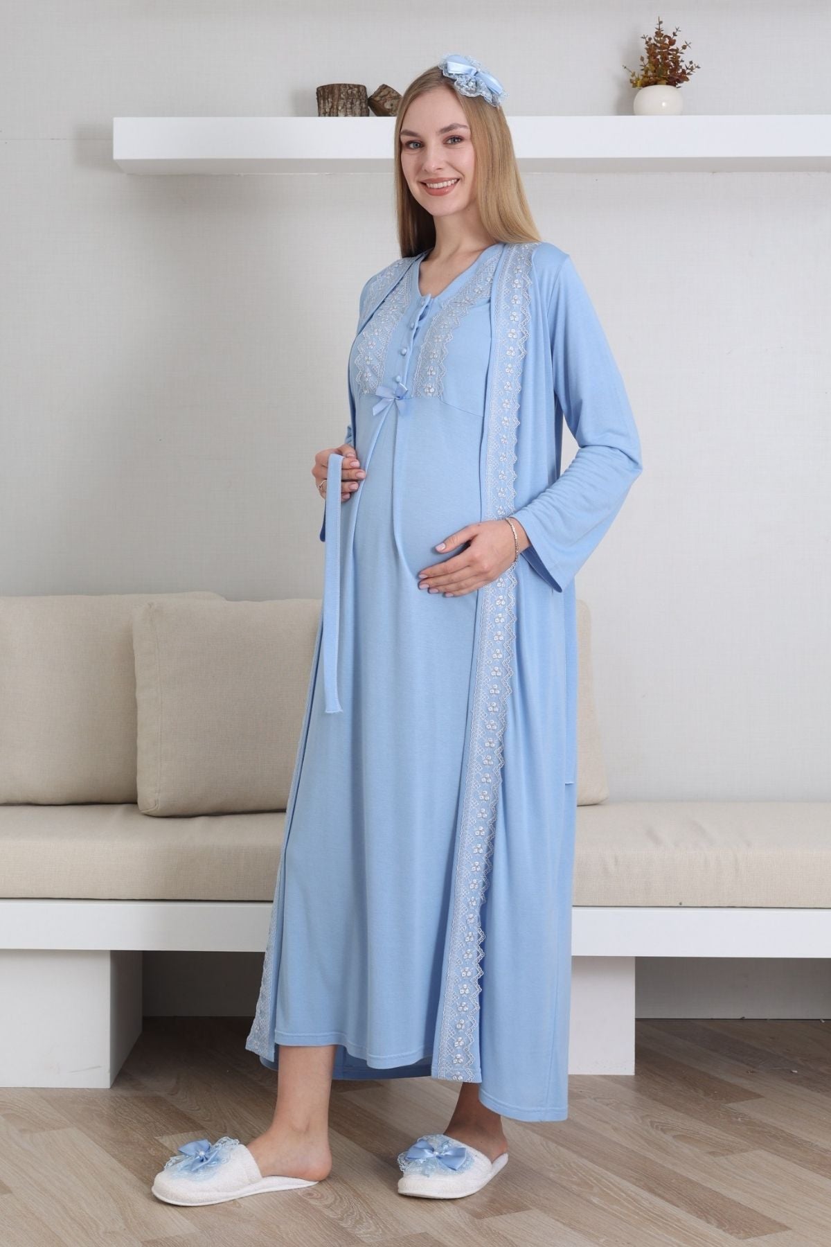 Lace V-Collar Maternity-Nursing Nightgown & Robe Set Blue - 2290