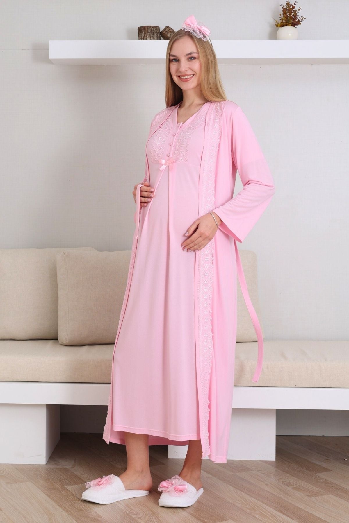 Lace V-Collar Maternity-Nursing Nightgown & Robe Set Pink - 2290