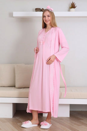 Lace V-Collar Maternity-Nursing Nightgown & Robe Set Pink - 2290