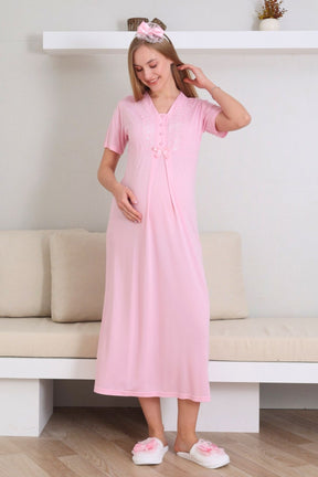 Lace V-Collar Maternity-Nursing Nightgown & Robe Set Pink - 2290