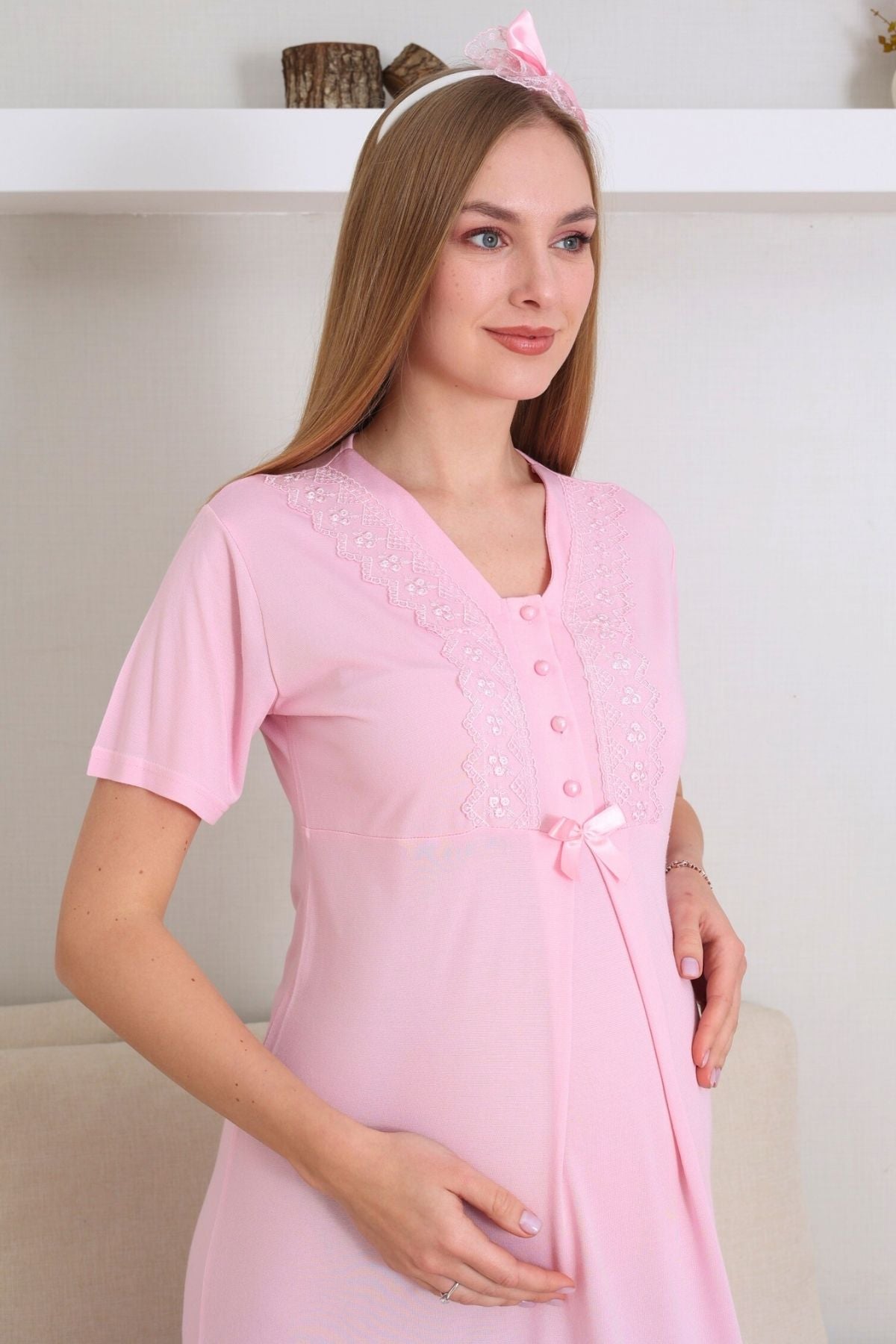 Lace V-Collar Maternity-Nursing Nightgown & Robe Set Pink - 2290